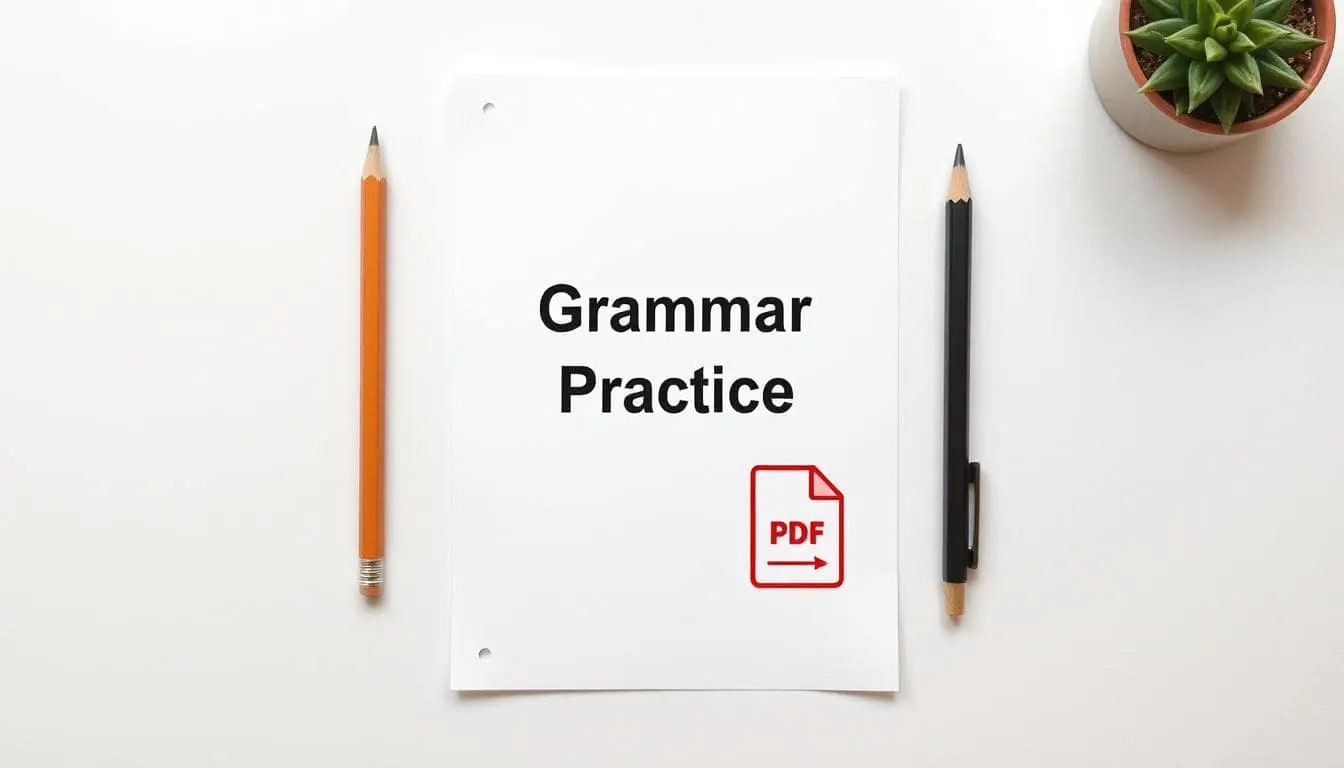 A minimal, abstract concept image representing learning and grammar practice. Includes a pencil, a blank worksheet labeled “Grammar Practice”