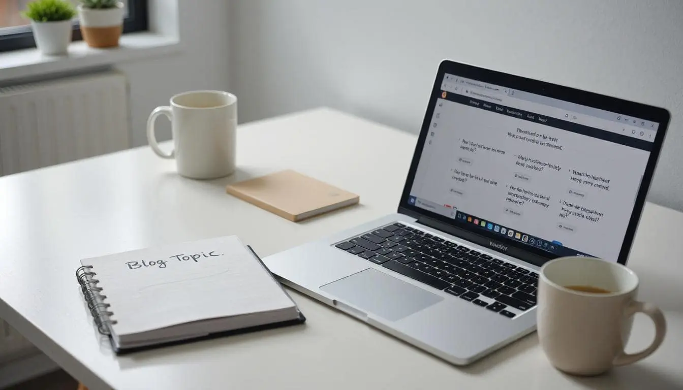 A clean, modern desk with a laptop, a notebook with handwritten blog topic ideas, a coffee mug, and a browser window showing a website with lots of questions on it.