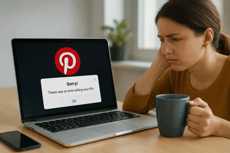 A frustrated woman sitting at a desk with a laptop open, showing the Pinterest logo on the screen. The person has their head slightly tilted in confusion while holding a coffee mug. Bright, modern workspace with natural lighting, emphasizing digital frustration but keeping a positive vibe. Include a visible browser error popup on the screen.