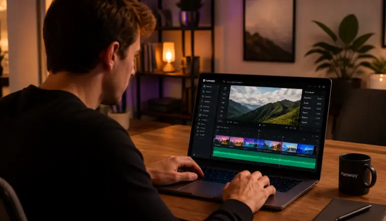 A man using Runway AI on his computer at home.