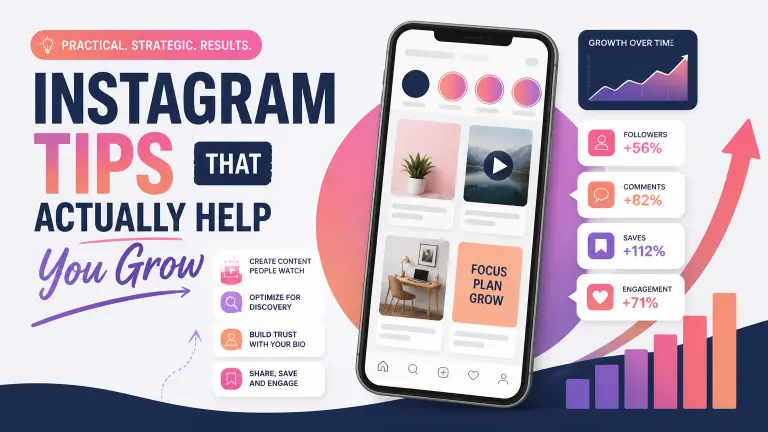 Illustration of a smartphone showing social media content, search keywords, engagement icons, and growth arrows representing practical Instagram marketing tips. PRACTICAL. STRATEGIC. RESULTS. INSTAGRAM TIPS THAT ACTUALLY HELP You Grow CREATE CONTENT PEOPLE WATCH OPTIMIZE FOR DISCOVERY BUILD TRUST WITH YOUR BIO SHARE, SAVE AND ENGAGE