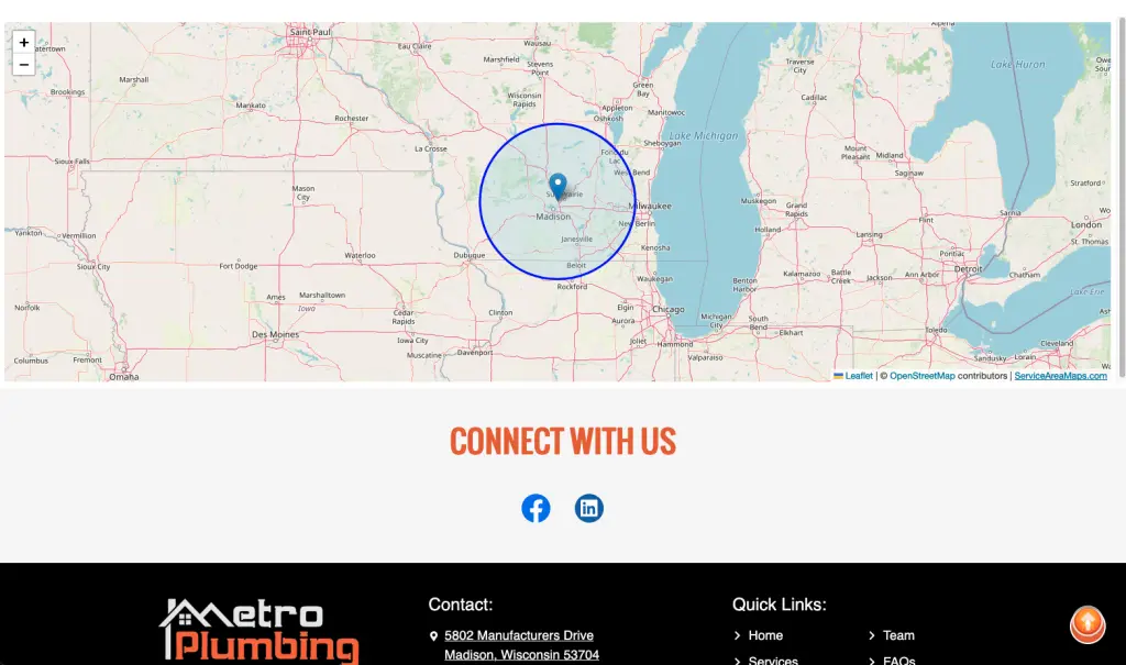 Service area map above the footer on a website.