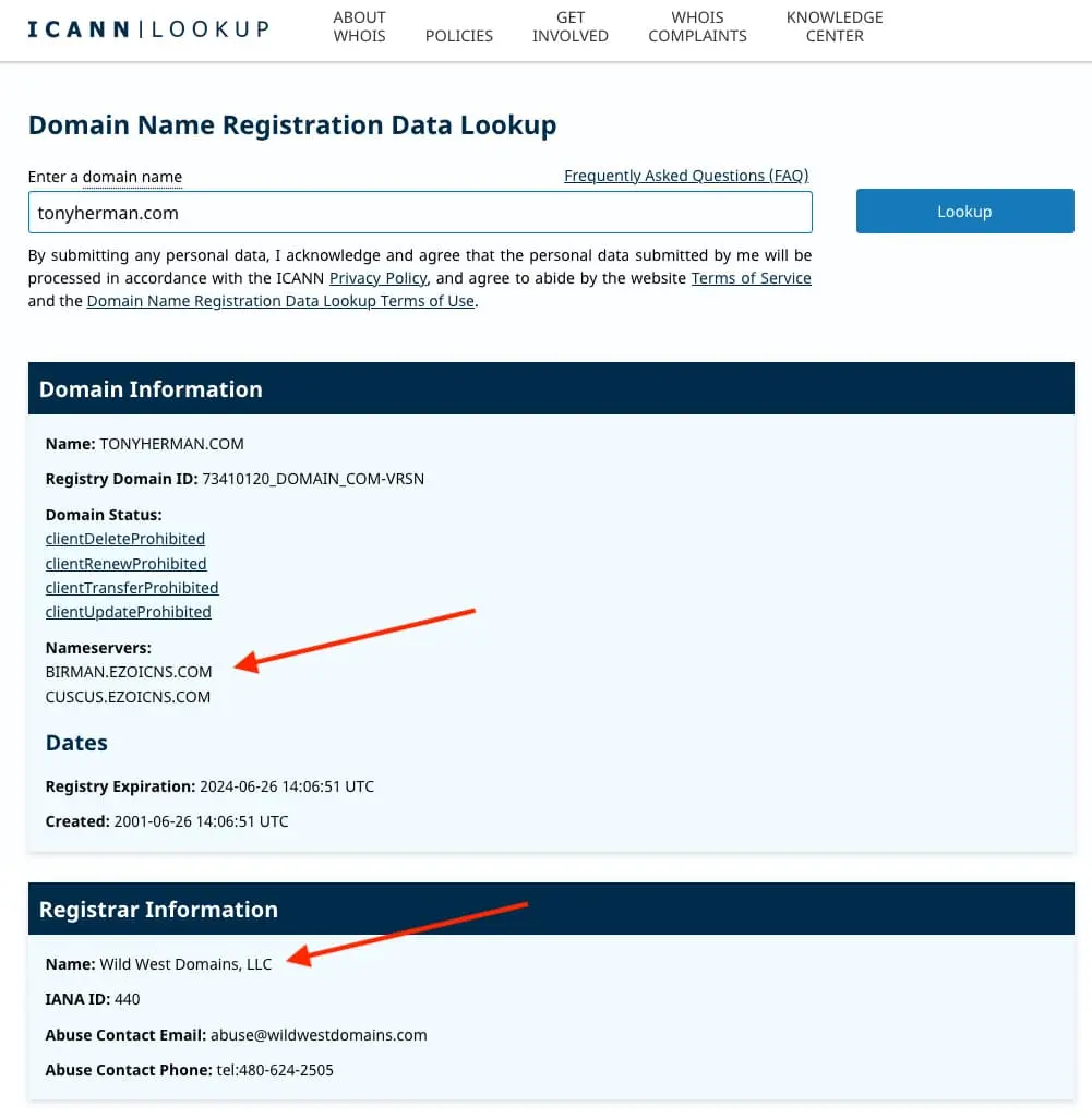 ICANN lookup for tonyherman.com