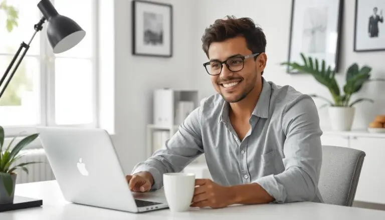 A happy man using his computer to write website copy