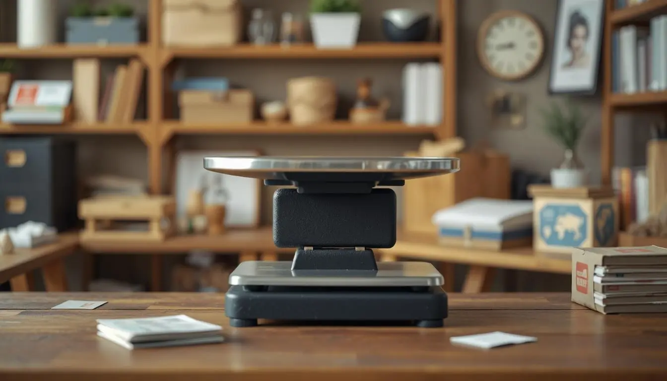 A postage scale on a table.