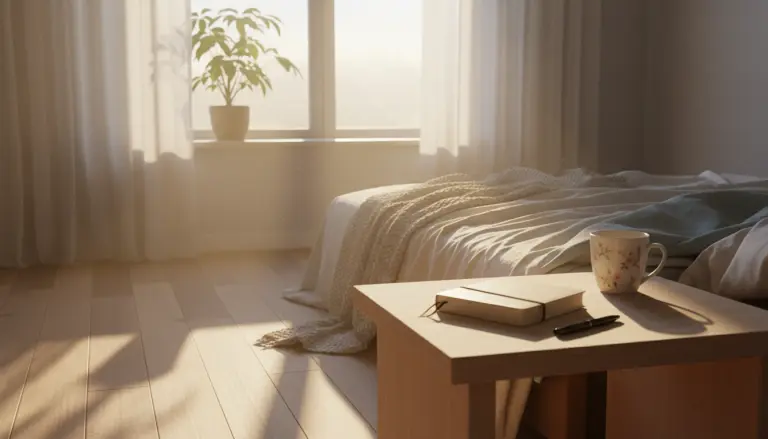 A calm, early morning scene with soft sunrise light coming through a window, a simple bedside table with a journal and pen.