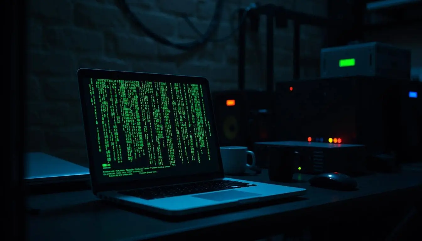 Matrix-like green code illustration of what the internet might look like appearing on a computer screen of a laptop on a desk in a basement with some light s.moke around. There are lots of other computer equipment and many servers around.