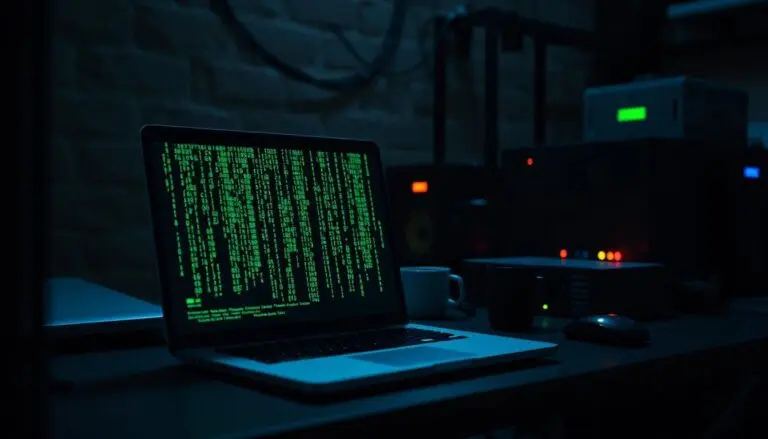 Matrix-like green code illustration of what the internet might look like appearing on a computer screen of a laptop on a desk in a basement with some light s.moke around. There are lots of other computer equipment and many servers around.