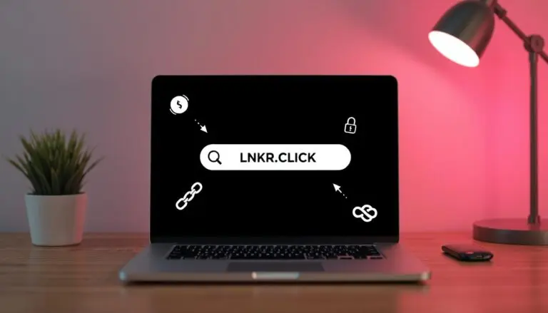 A laptop with lnkr.com URL shortener on the screen