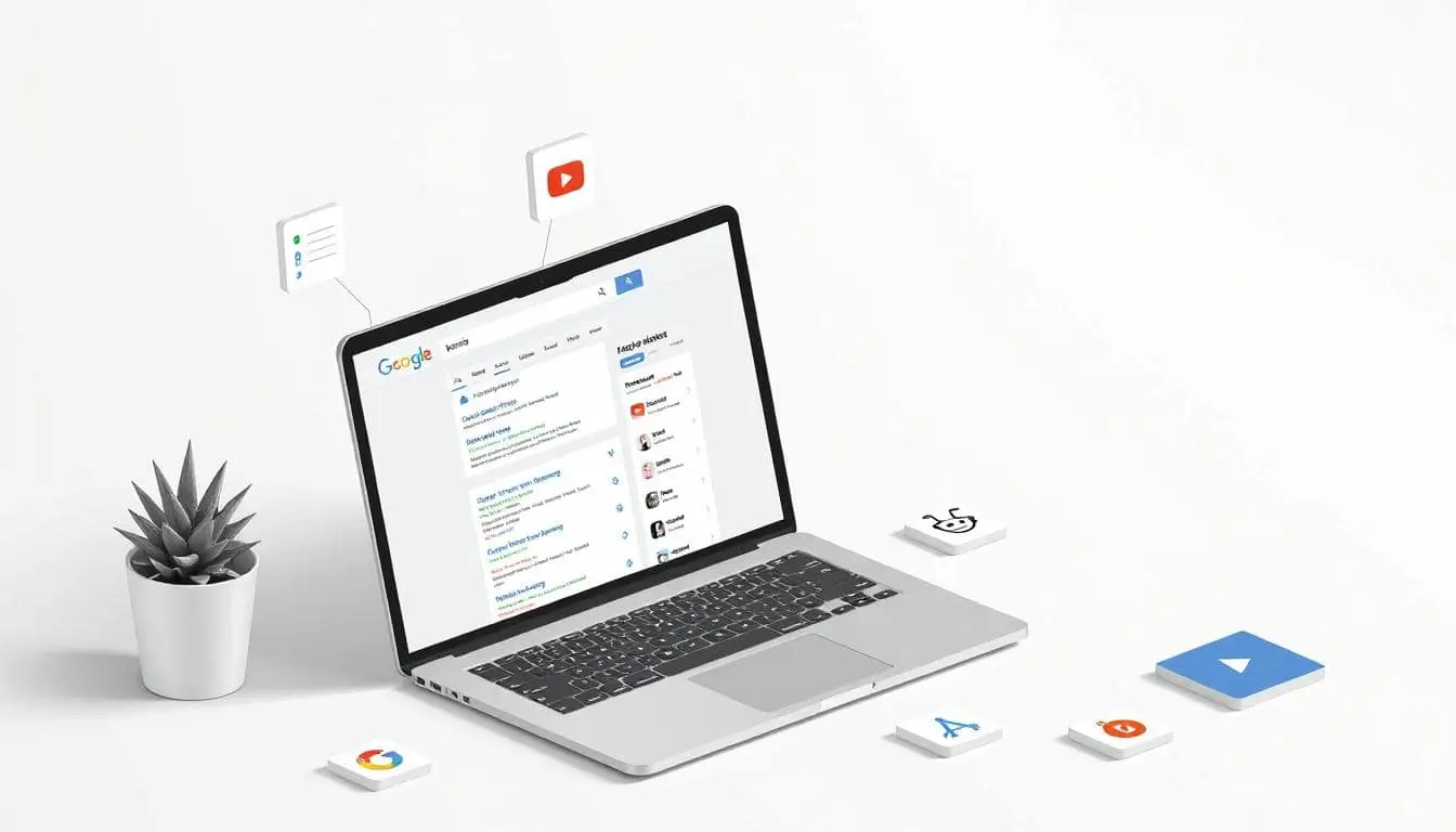 Keyword research for AI and search: entities, Q&A, schema, tables, and distribution across web, video, and forums illustrated around a laptop.