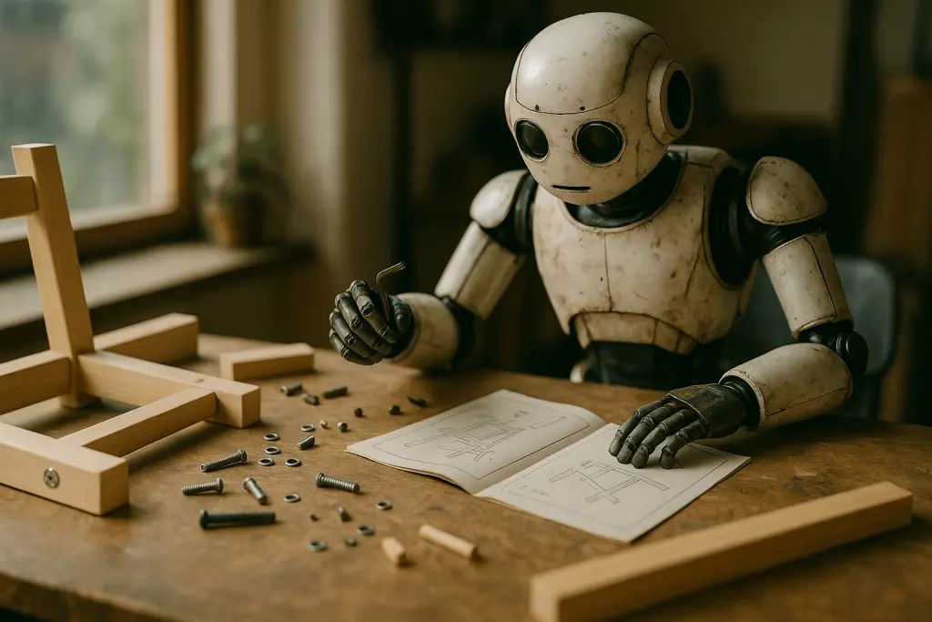 A robot trying to put together a chair from Ikea.