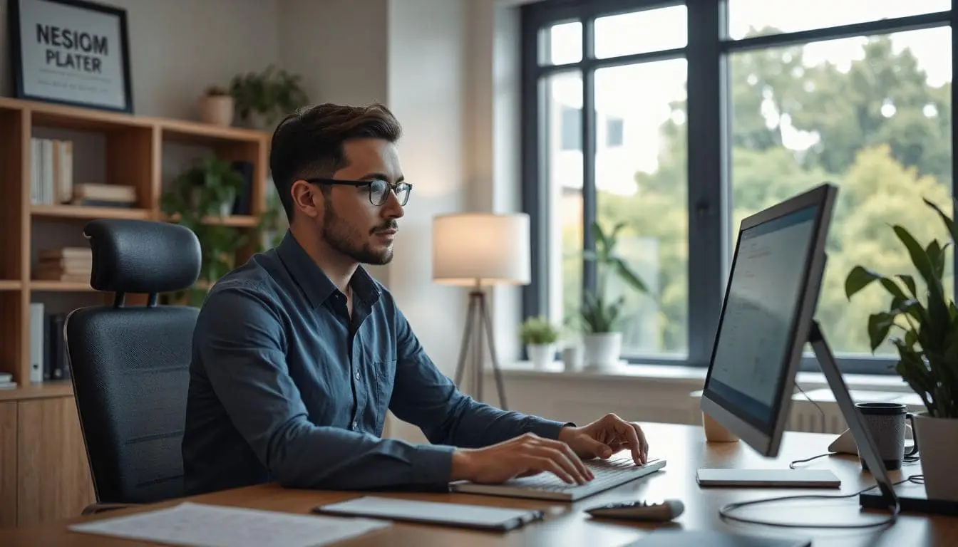 A man working on website content using his computer in an office.