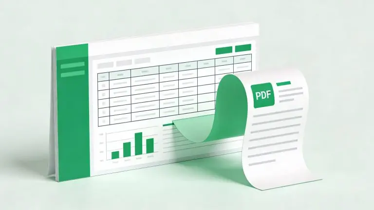 Abstract Google Sheets-inspired spreadsheet graphic with a PDF document icon, representing saving a spreadsheet as a PDF.