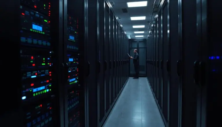 A data center with racks of servers and someone in the row of servers working