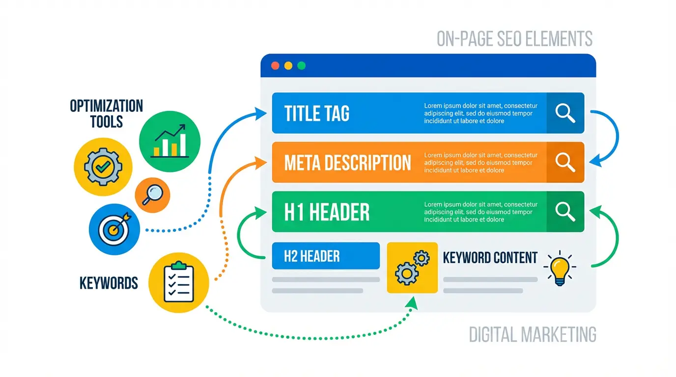An illustration depicting on-page SEO with keywords, minimal text, modern flat design style, vibrant colors, a webpage layout with highlighted sections for title tags, meta descriptions, and headers, icons representing keywords and optimization tools.