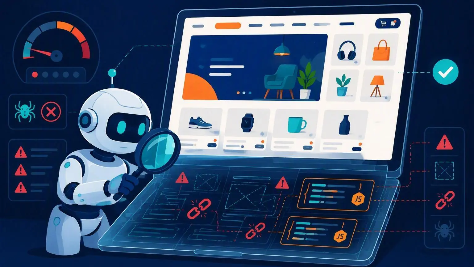Illustration of a crawler inspecting a Square Online website whose content is hidden inside JavaScript instead of the initial HTML.