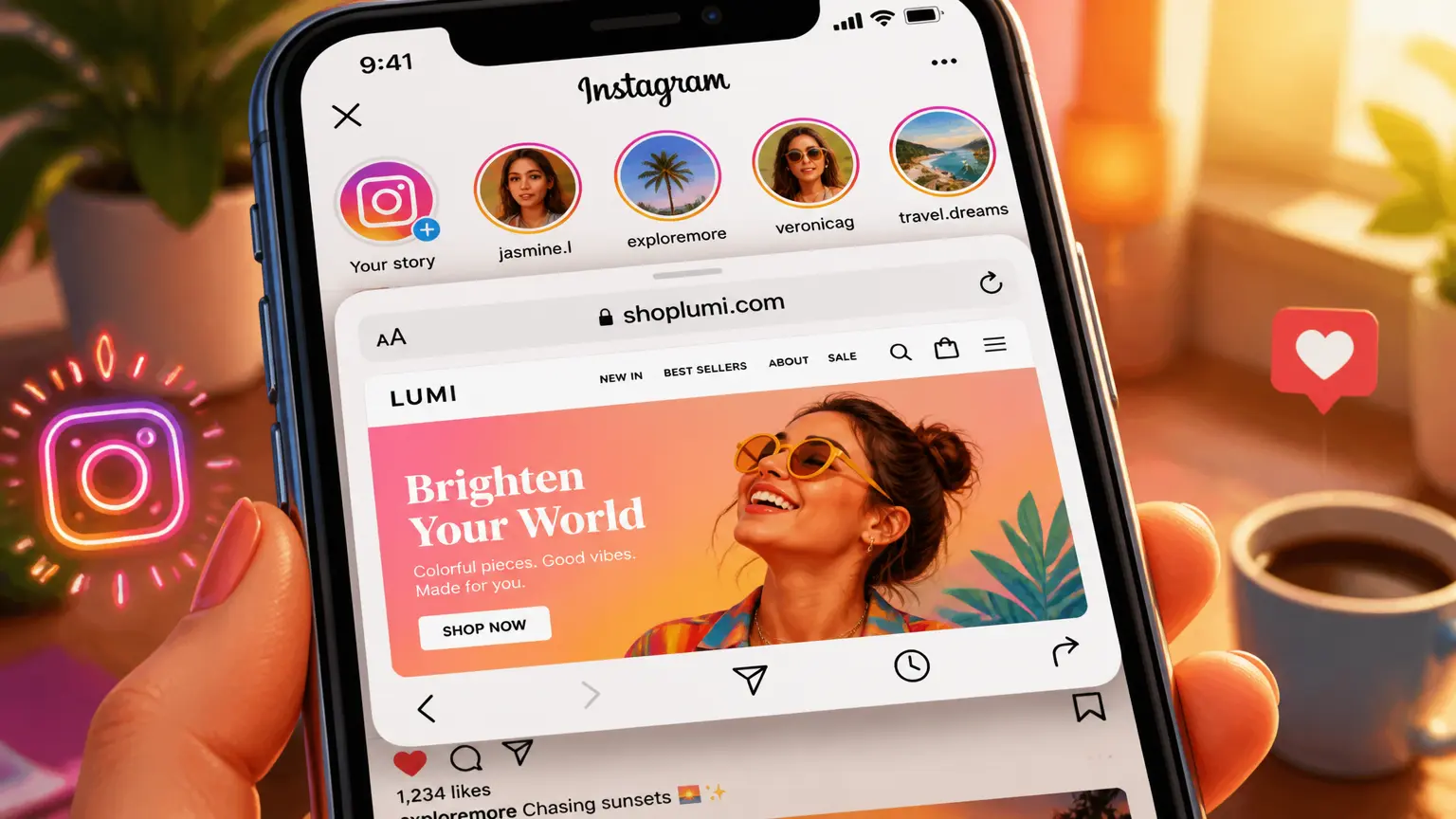A depiction of a browser window opening instead of the Instagram in-app browser.