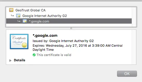 See the information shown for a website's SSL certificate.