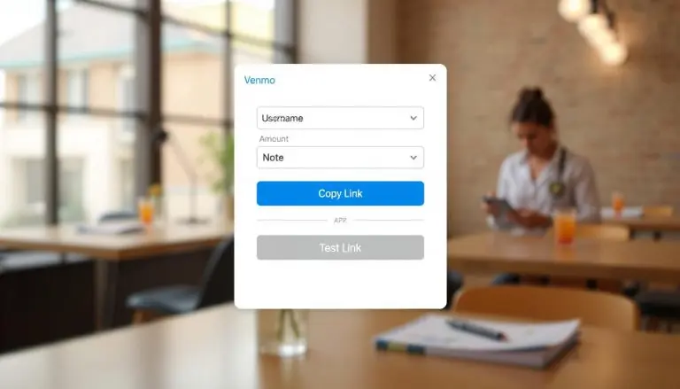 A modern, clean web form interface with a Venmo logo in the corner. The form has labeled fields for “Username,” “Amount,” and “Note,” with a blue button that says “Copy Link” and a gray button labeled “Test Link.” The layout is centered inside a light card with a soft drop shadow.