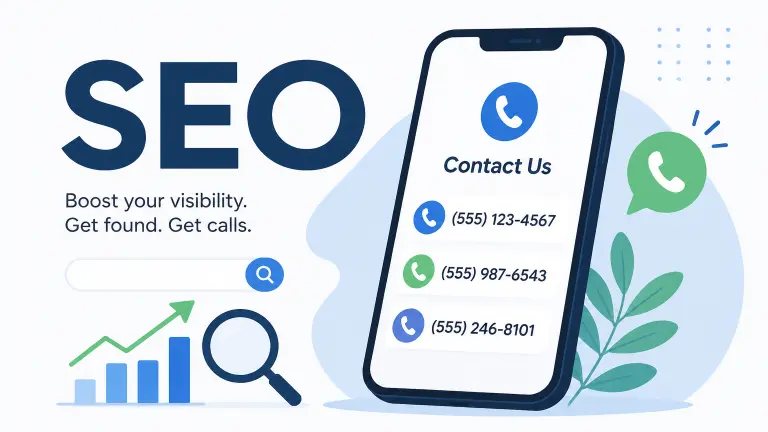 An illustration of a mobile phone. SEO Boost your visibility. Get found. Get calls.