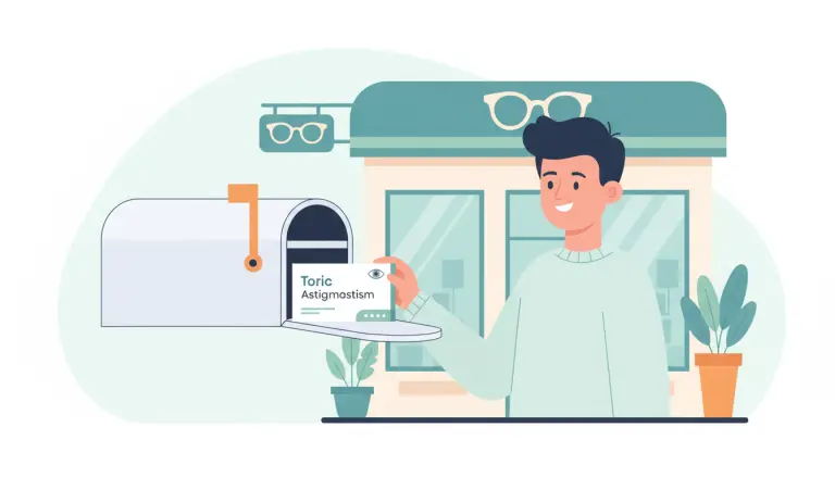 Person opening a mailbox to find a box of toric contact lenses for astigmatism delivered by mail.