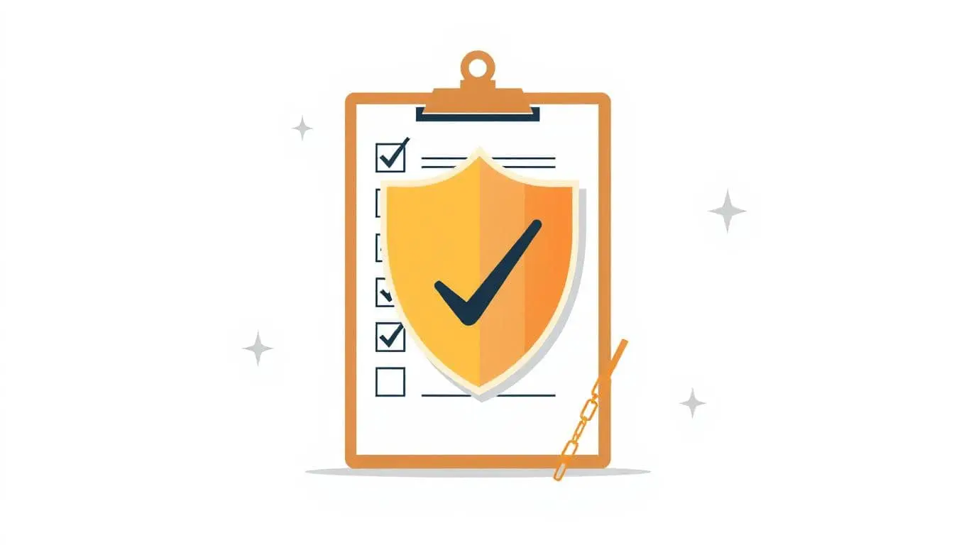 A clipboard with a neat checklist (checkbox icons only) overlapped by a large shield with a checkmark.
