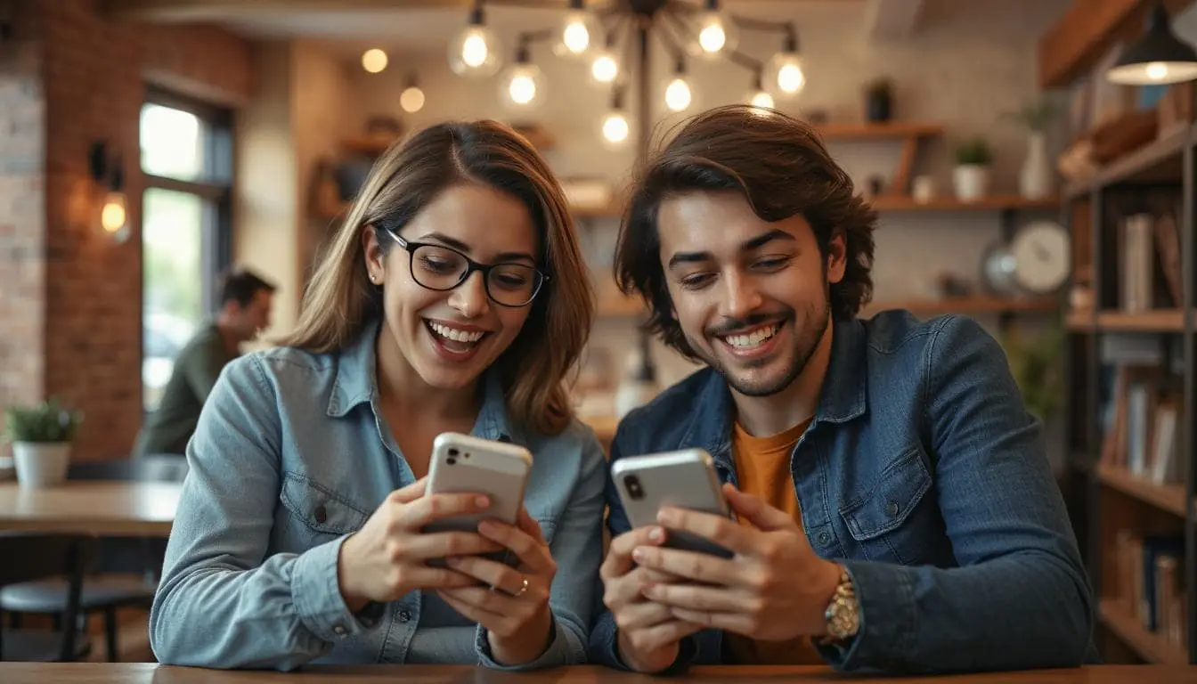 Two people looking at their phones in excitement. They are super, super happy.