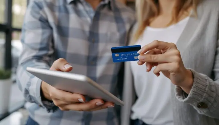 People holding a credit card, ready to buy on their tablet