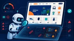 Illustration of a crawler inspecting a Square Online website whose content is hidden inside JavaScript instead of the initial HTML.