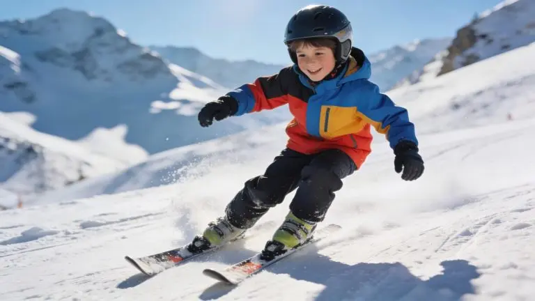 A 6 year old boy skiing confidently down a ski run.