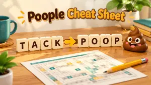 Cream-colored letter tiles spelling “TACK” with an arrow pointing to tiles spelling “POOP,” beside a cheerful cartoon poop emoji. The words "Poople Cheat Sheet" are at the top.