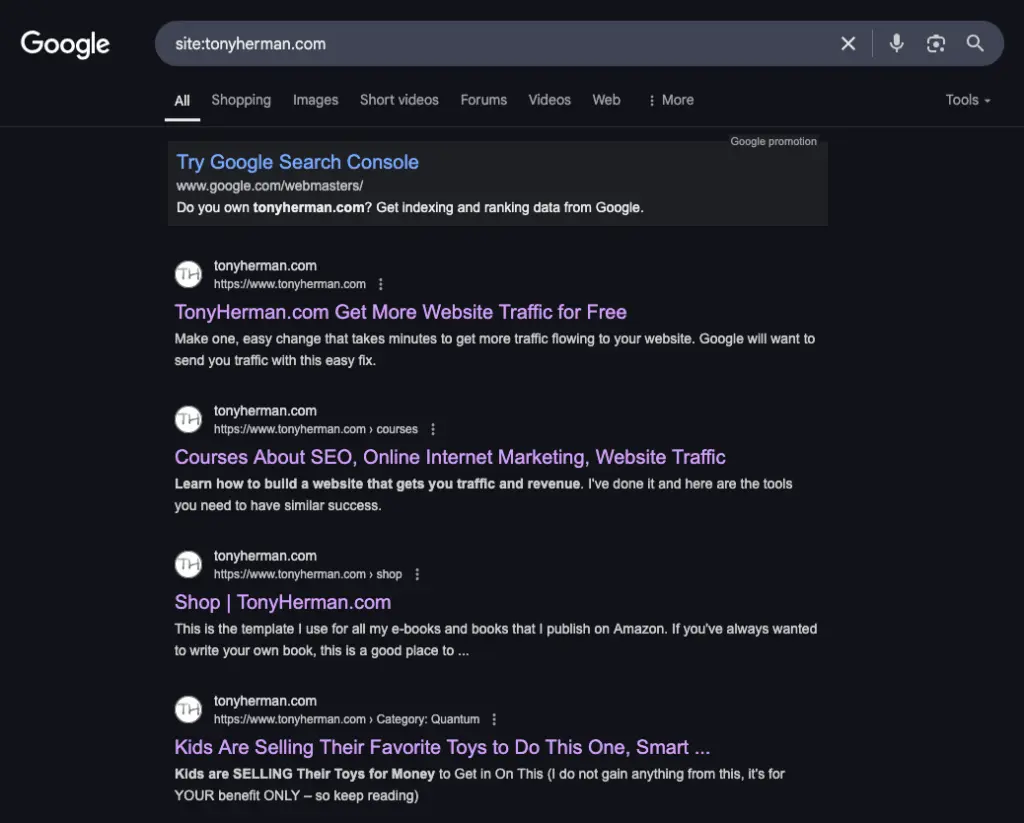 Pages from tonyherman.com listed on Google