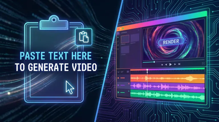 A visual representation of pasting two lines of text and generating a video, digital art style, split-screen layout.