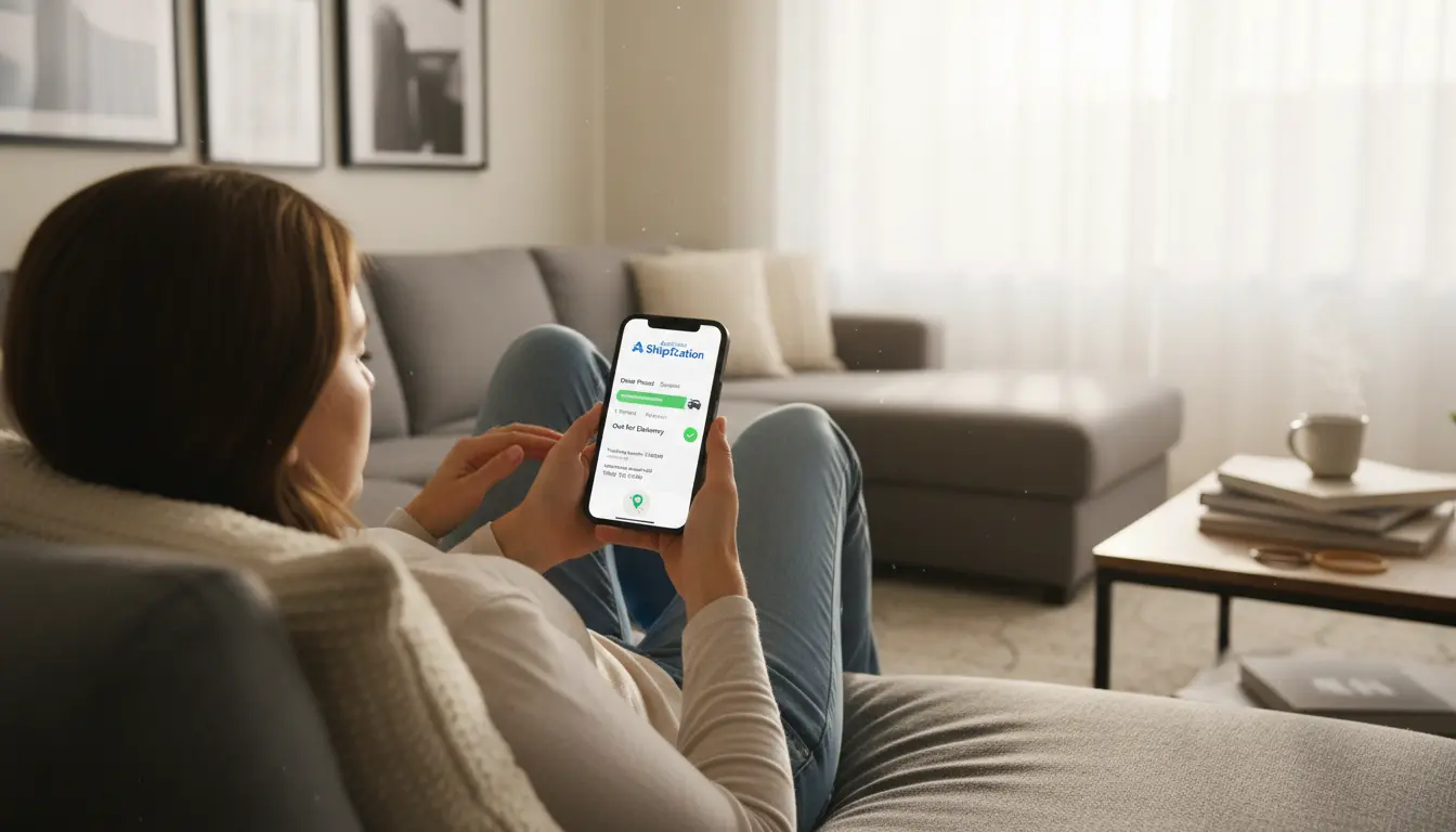 A woman sitting on a couch, holding a smartphone and checking a package tracking page. The phone screen shows a clean shipping tracking interface with the words “Auctane ShipStation” at the top.