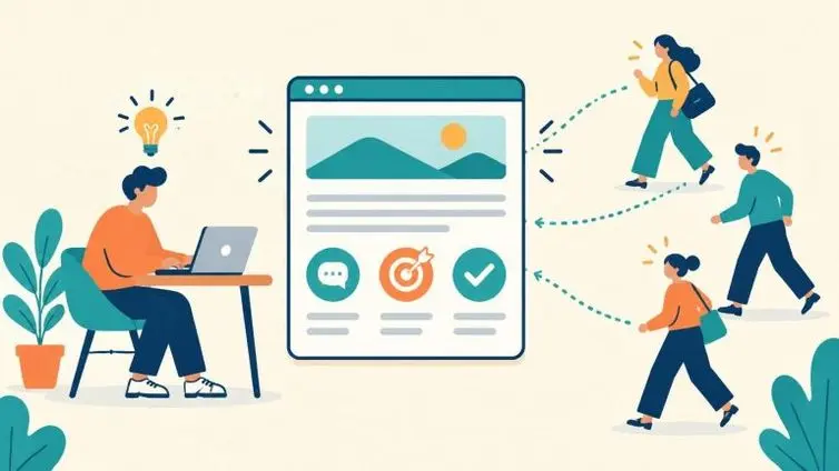 Illustration of a business owner creating an article that connects with three potential customers.