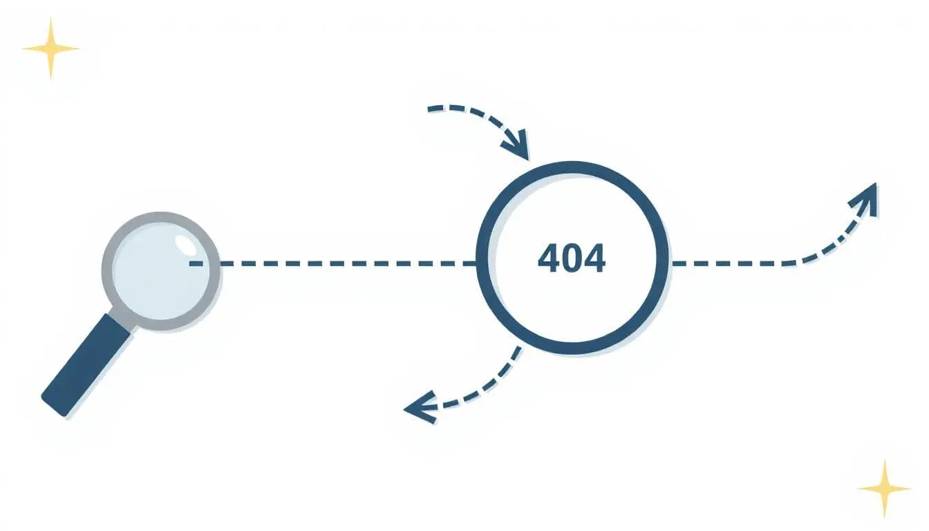 A clean, modern illustration of a website navigation map with one broken path labeled “404,” a magnifying glass highlighting the broken link.