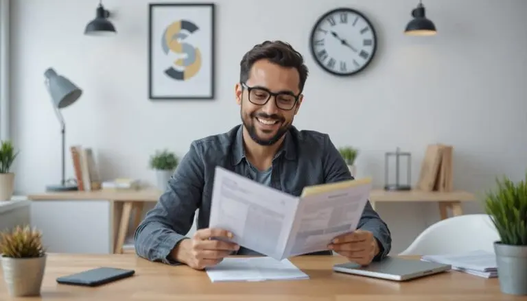 A client looking at a high end proposal and smiling.