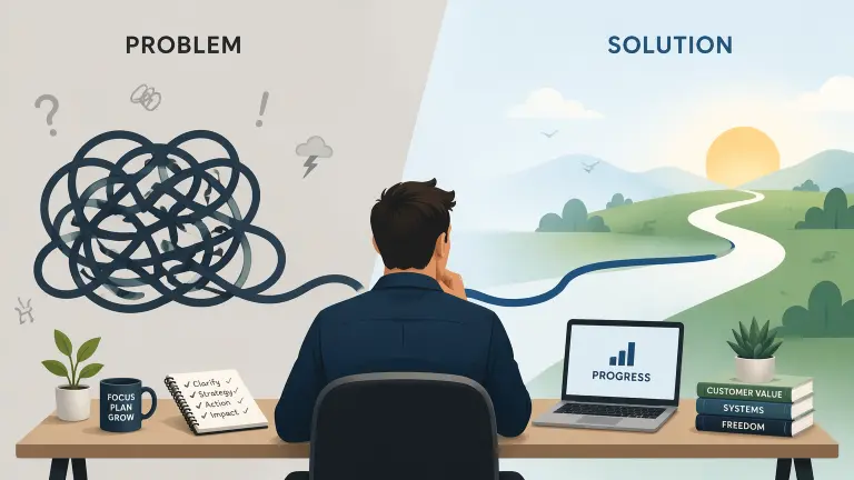 Business owner moving from a frustrating problem toward a clear solution.
