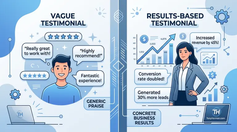 Illustration showing the difference between generic testimonials and results-based testimonials that better help convert customers.