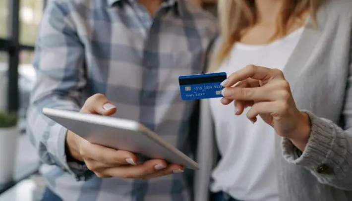 People holding a credit card, ready to buy on their tablet