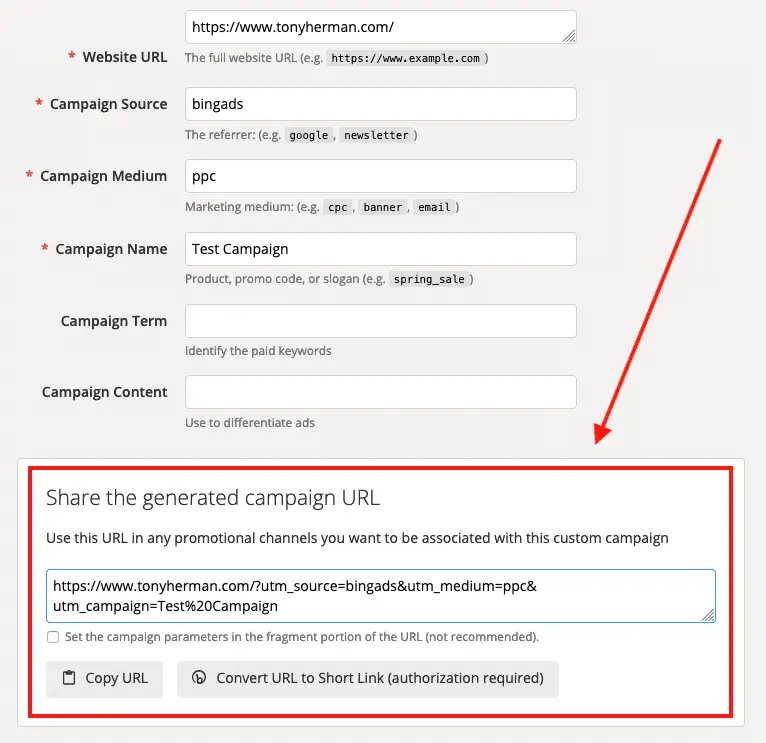 Campaign URL Builder results
