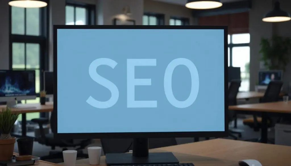 "SEO" appearing on a computer monitor in an office