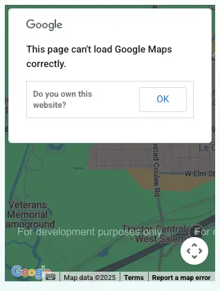 A message over a map that says, "This page can't load Google Maps correctly. Do you own this website?"