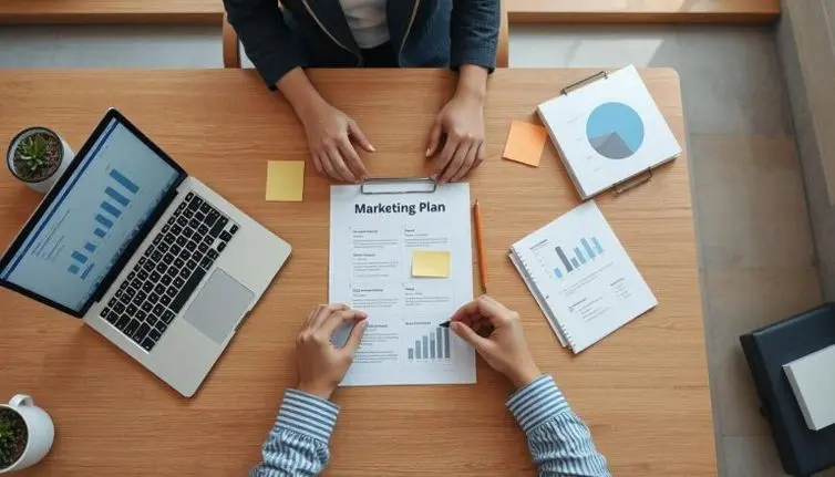 People working on a marketing plan on a desk with a document and sticky notes