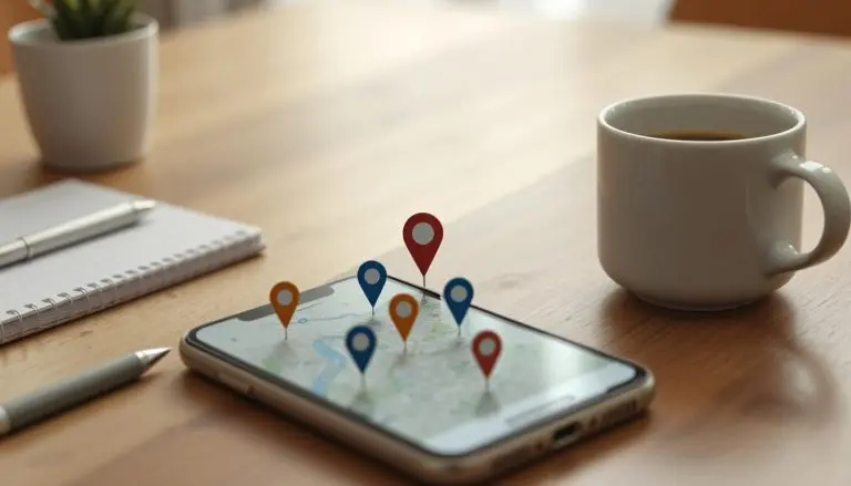 Wide shot of a city neighborhood map on a phone showing multiple business pins, one bright dominant pin standing out. Pins sticking out of a mobile phone.