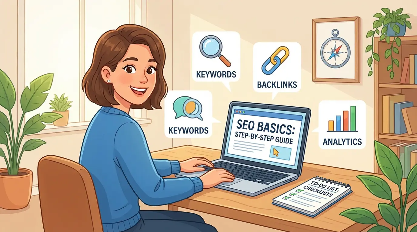 An cartoon like image of someone new to SEO working on their website following some easy steps.
