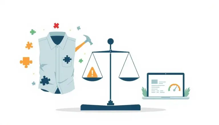 Side-by-side illustration comparing ‘cheap’ vs. ‘quality’—wrinkled shirt and bent hammer vs. crisp shirt and sturdy hammer, plus slow vs. fast website cues—to show that low price increases risk and long-term cost.