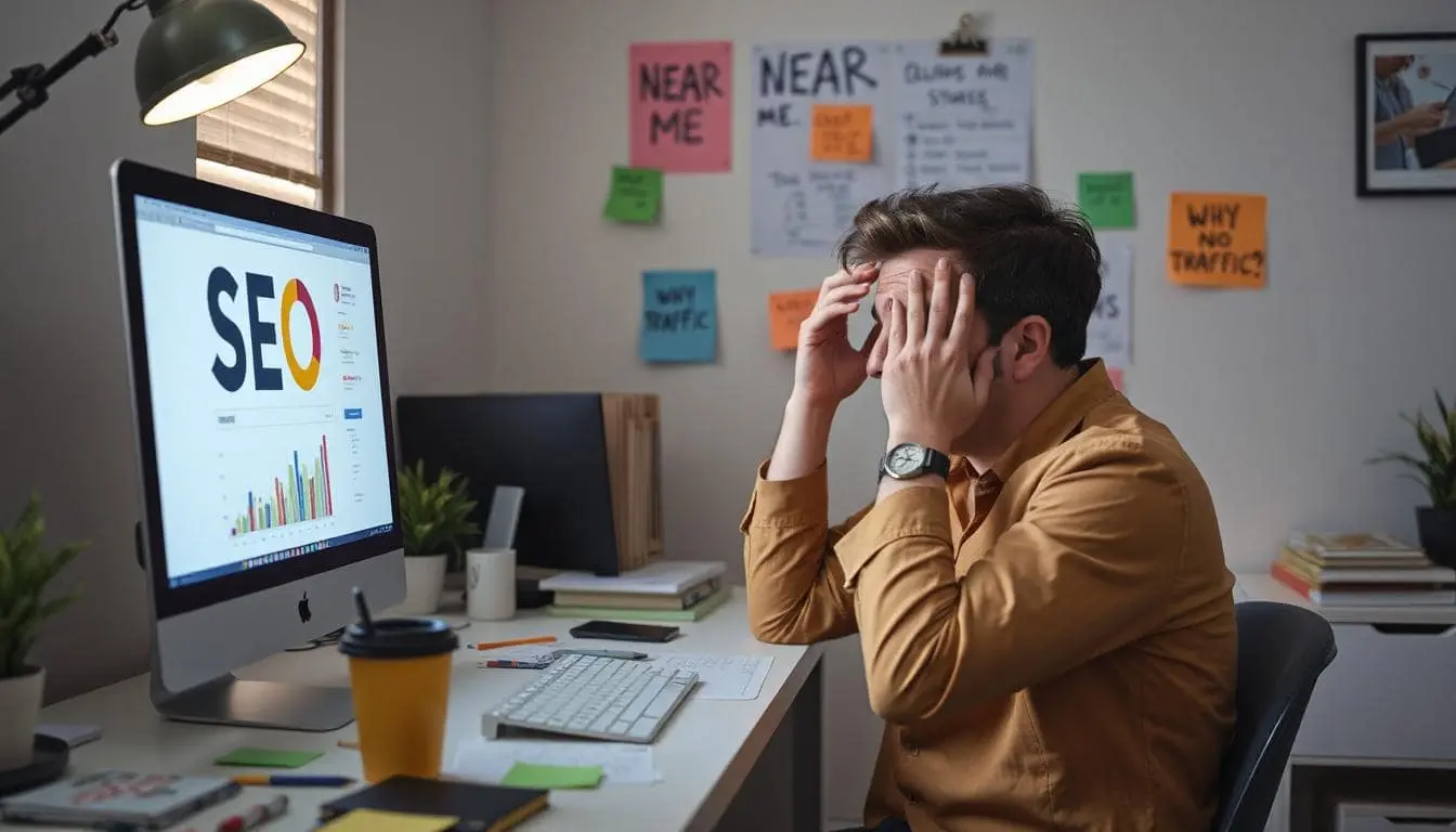 Someone doing a facepalm and trying to work on SEO at their desk.