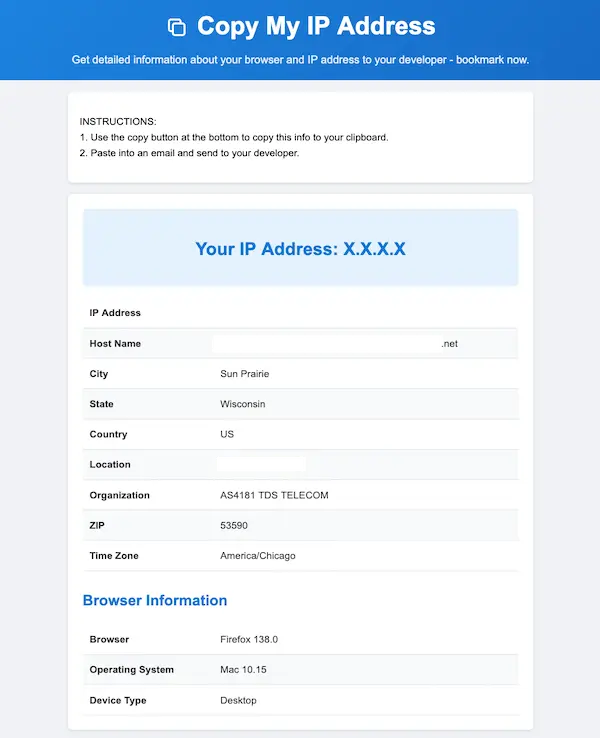A screen shot of CopyMyIP.dev