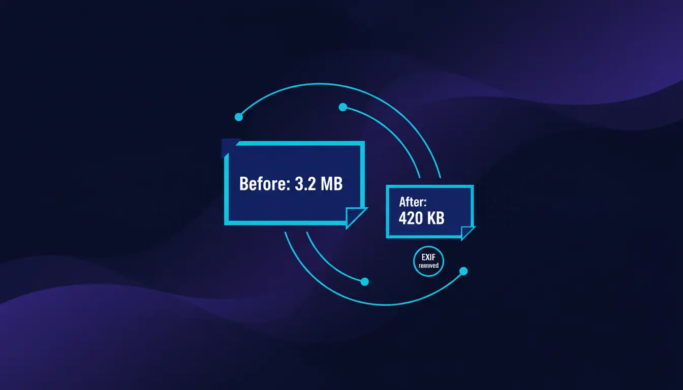 Clean modern illustration of a website hero image being compressed, showing a “Before: 3.2 MB” and “After: 420 KB” file card, with a small tag that says “EXIF removed”, dark navy background with subtle purple/blue gradient accents.